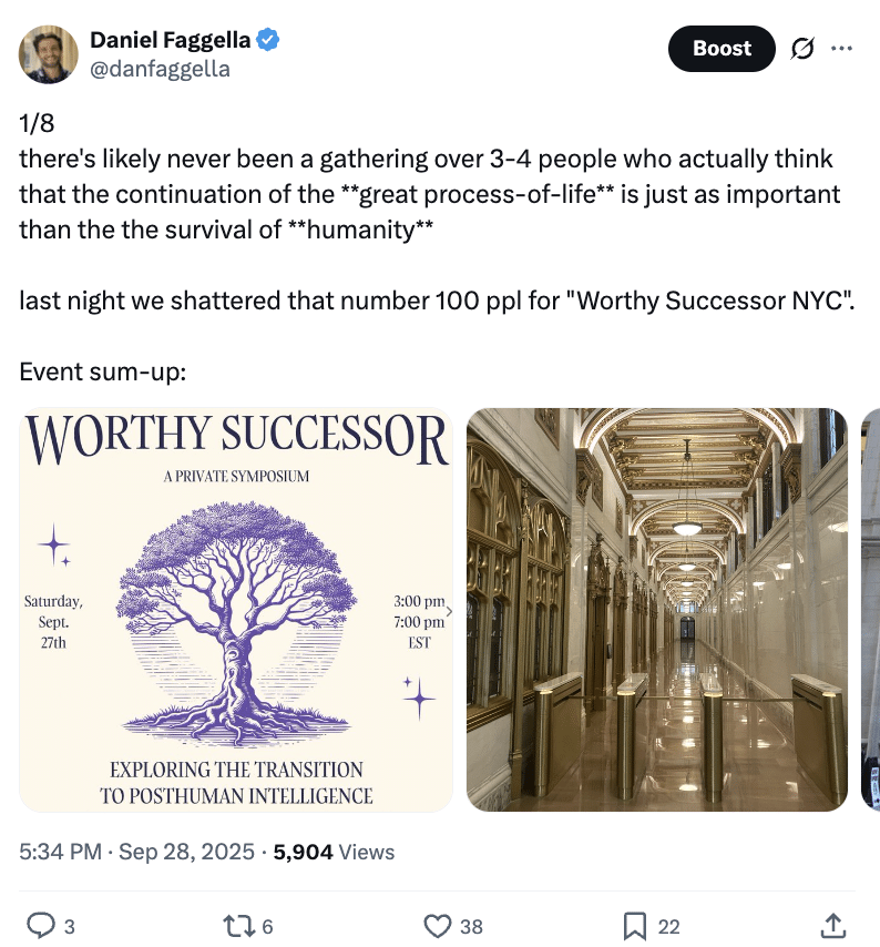 Twitter/X screenshot: Daniel Faggella on the Worthy Successor NYC gathering