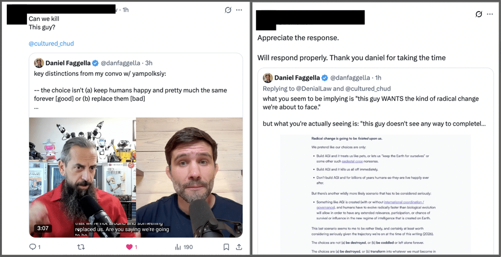 "Can we kill / This guy?" — two-panel X (Twitter) exchange screenshot (usernames redacted in the image)